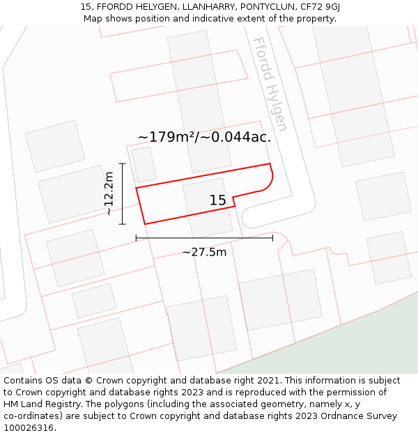 15, FFORDD HELYGEN, LLANHARRY, PONTYCLUN, CF72 9GJ: Plot and title map