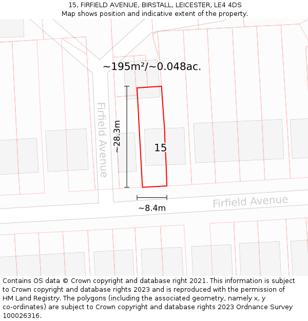 15, FIRFIELD AVENUE, BIRSTALL, LEICESTER, LE4 4DS: Plot and title map