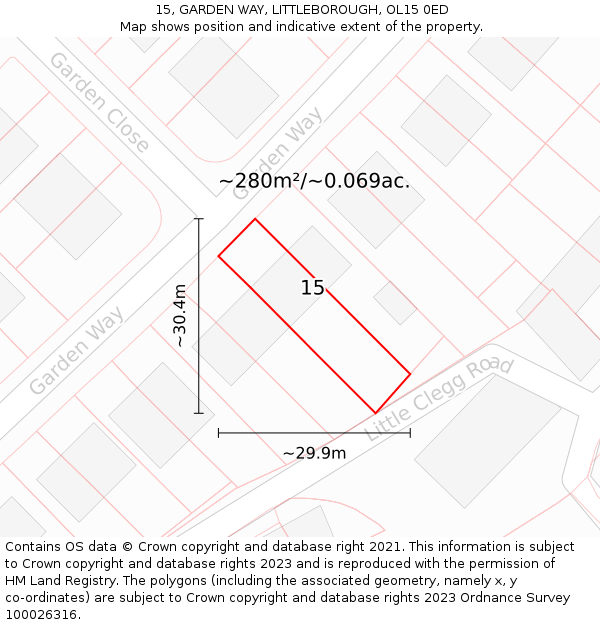 15, GARDEN WAY, LITTLEBOROUGH, OL15 0ED: Plot and title map