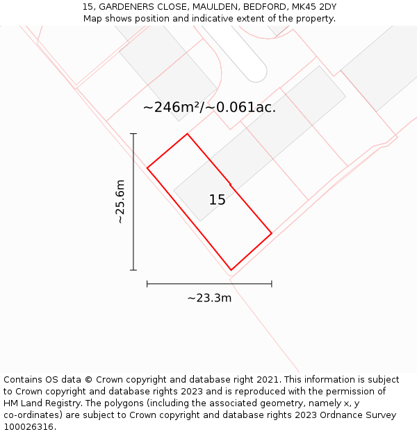 15, GARDENERS CLOSE, MAULDEN, BEDFORD, MK45 2DY: Plot and title map