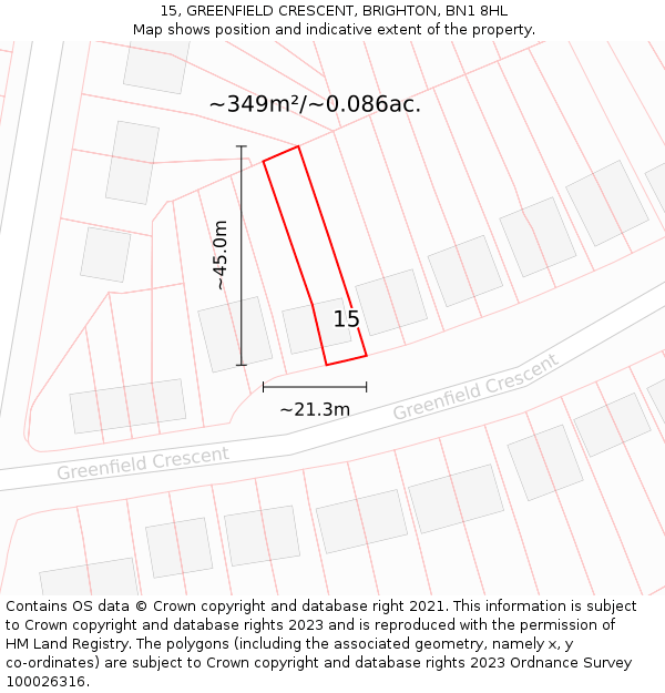 15, GREENFIELD CRESCENT, BRIGHTON, BN1 8HL: Plot and title map