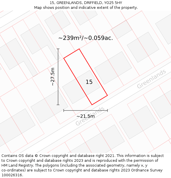 15, GREENLANDS, DRIFFIELD, YO25 5HY: Plot and title map