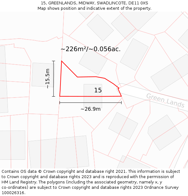 15, GREENLANDS, MIDWAY, SWADLINCOTE, DE11 0XS: Plot and title map