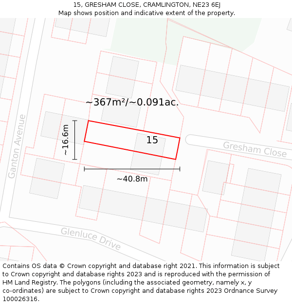 15, GRESHAM CLOSE, CRAMLINGTON, NE23 6EJ: Plot and title map
