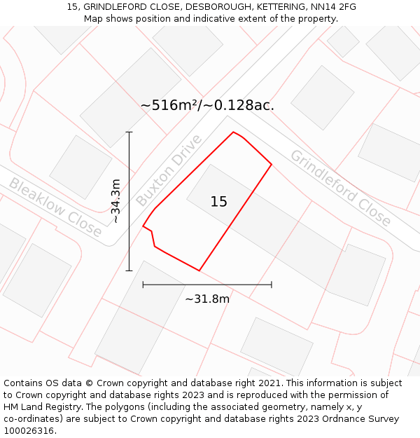 15, GRINDLEFORD CLOSE, DESBOROUGH, KETTERING, NN14 2FG: Plot and title map