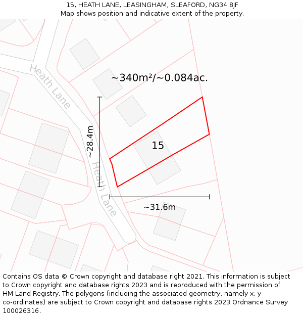 15, HEATH LANE, LEASINGHAM, SLEAFORD, NG34 8JF: Plot and title map