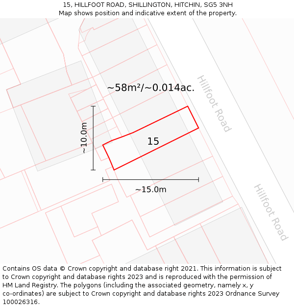 15, HILLFOOT ROAD, SHILLINGTON, HITCHIN, SG5 3NH: Plot and title map