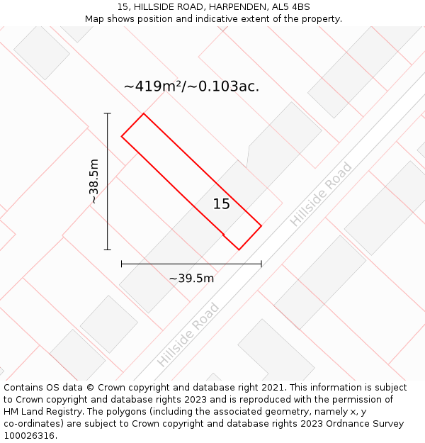 15, HILLSIDE ROAD, HARPENDEN, AL5 4BS: Plot and title map