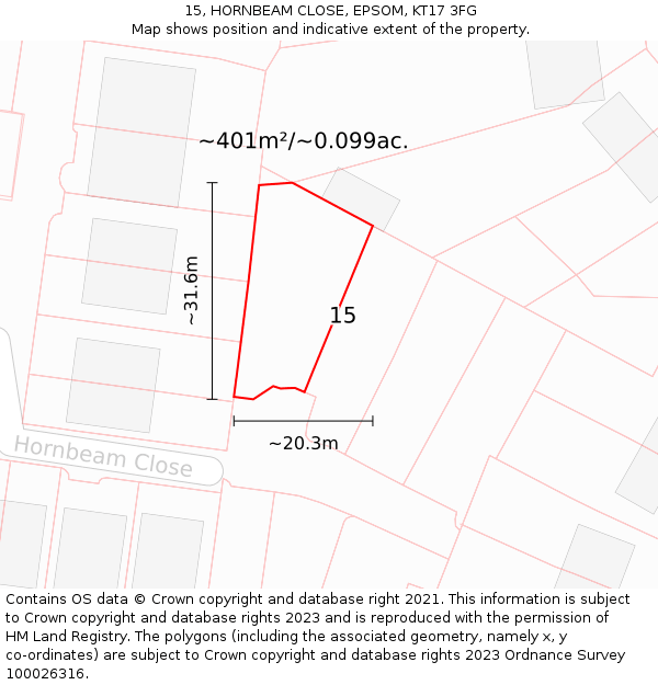 15, HORNBEAM CLOSE, EPSOM, KT17 3FG: Plot and title map