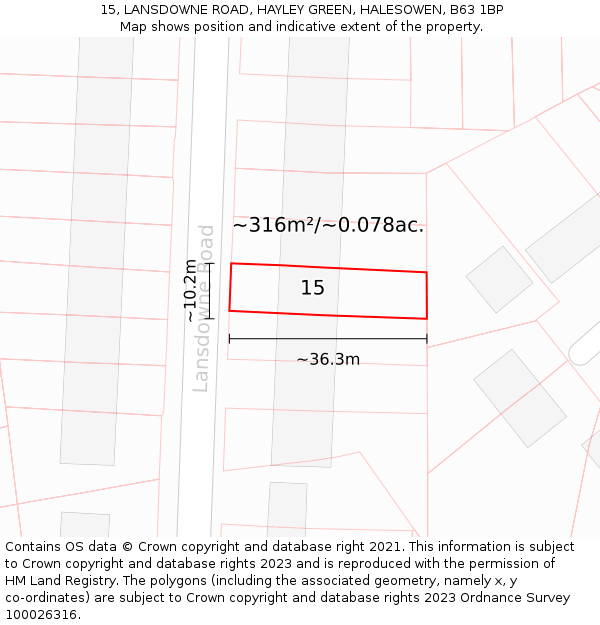 15, LANSDOWNE ROAD, HAYLEY GREEN, HALESOWEN, B63 1BP: Plot and title map