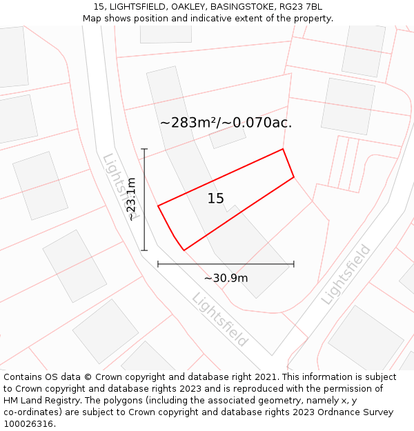 15, LIGHTSFIELD, OAKLEY, BASINGSTOKE, RG23 7BL: Plot and title map