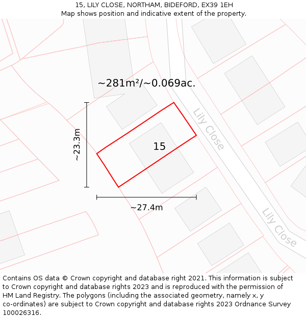 15, LILY CLOSE, NORTHAM, BIDEFORD, EX39 1EH: Plot and title map