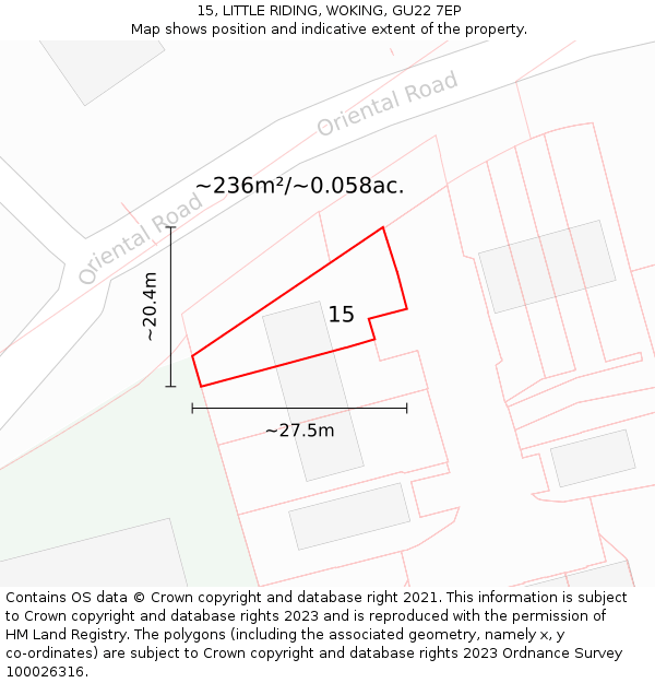 15, LITTLE RIDING, WOKING, GU22 7EP: Plot and title map