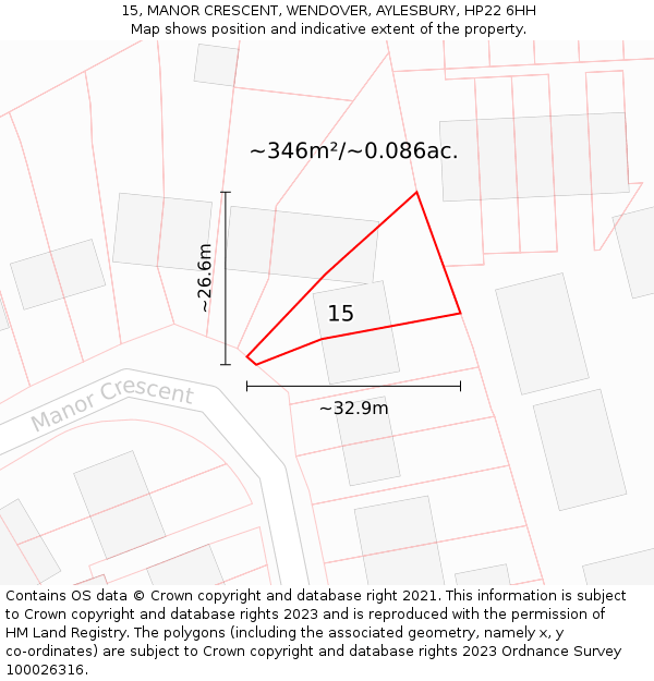 15, MANOR CRESCENT, WENDOVER, AYLESBURY, HP22 6HH: Plot and title map