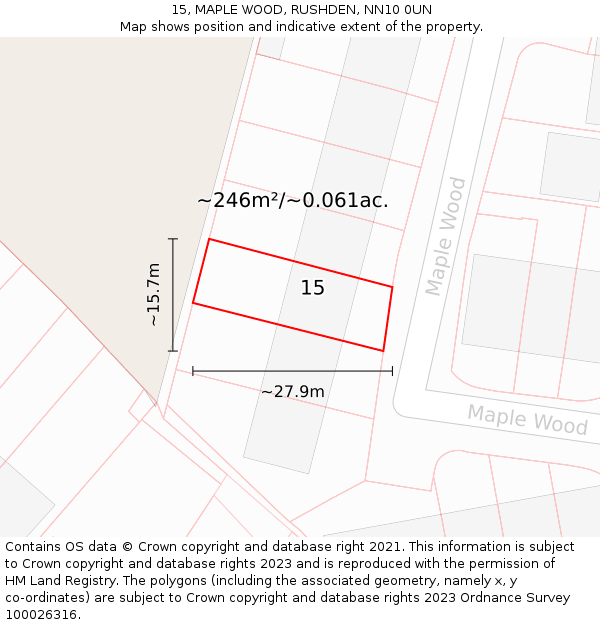 15, MAPLE WOOD, RUSHDEN, NN10 0UN: Plot and title map