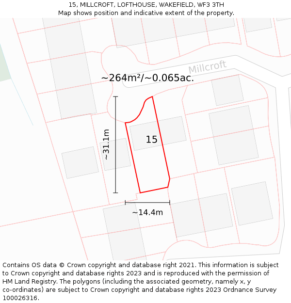 15, MILLCROFT, LOFTHOUSE, WAKEFIELD, WF3 3TH: Plot and title map