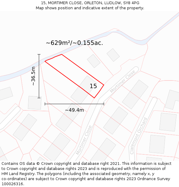 15, MORTIMER CLOSE, ORLETON, LUDLOW, SY8 4PG: Plot and title map