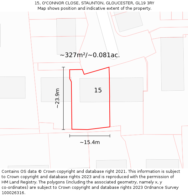 15, O'CONNOR CLOSE, STAUNTON, GLOUCESTER, GL19 3RY: Plot and title map