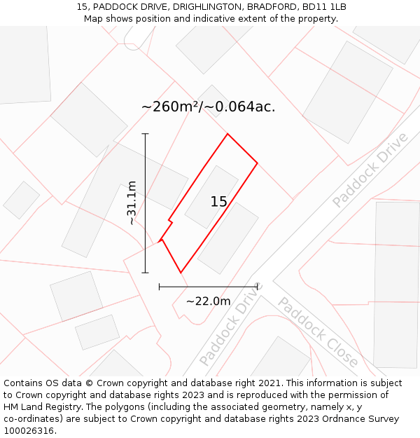 15, PADDOCK DRIVE, DRIGHLINGTON, BRADFORD, BD11 1LB: Plot and title map