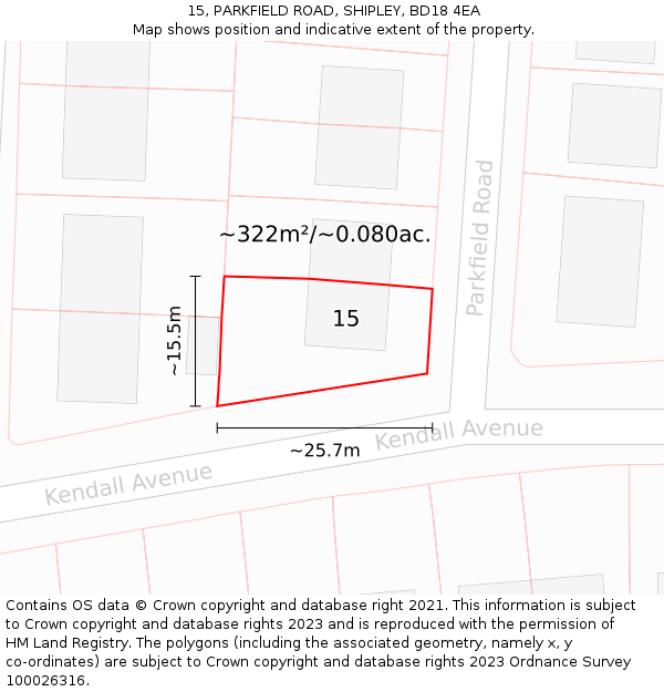 15, PARKFIELD ROAD, SHIPLEY, BD18 4EA: Plot and title map