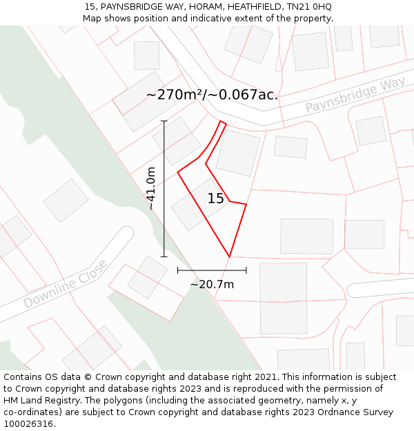 15, PAYNSBRIDGE WAY, HORAM, HEATHFIELD, TN21 0HQ: Plot and title map
