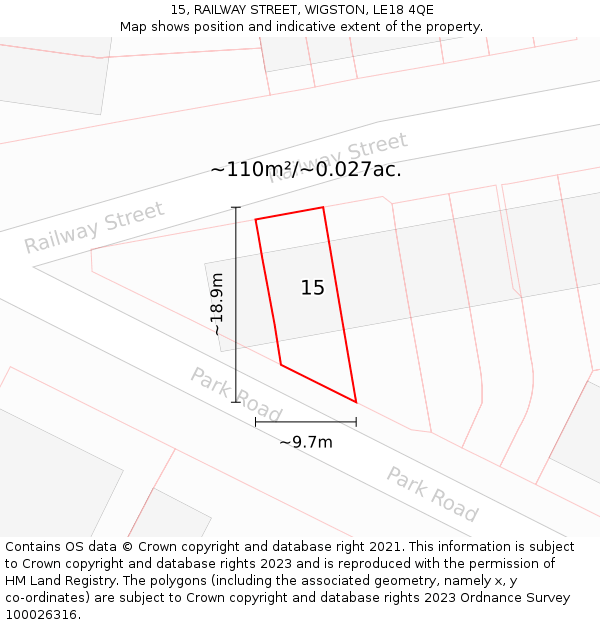 15, RAILWAY STREET, WIGSTON, LE18 4QE: Plot and title map