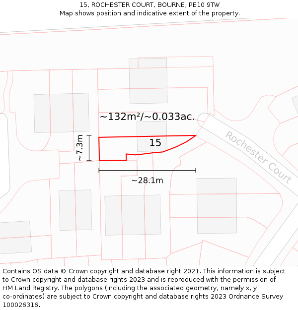 15, ROCHESTER COURT, BOURNE, PE10 9TW: Plot and title map