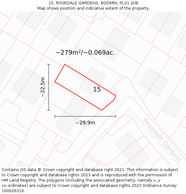 15, ROSEDALE GARDENS, BODMIN, PL31 2HE: Plot and title map