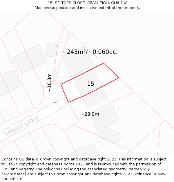 15, SELTOPS CLOSE, CRANLEIGH, GU6 7JW: Plot and title map