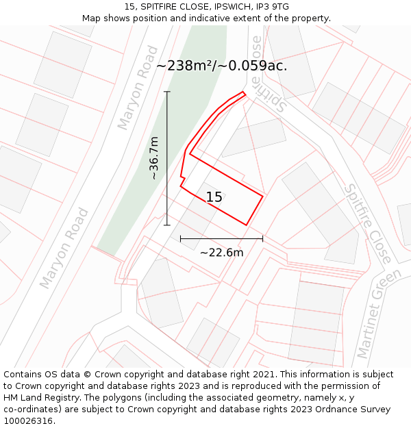 15, SPITFIRE CLOSE, IPSWICH, IP3 9TG: Plot and title map