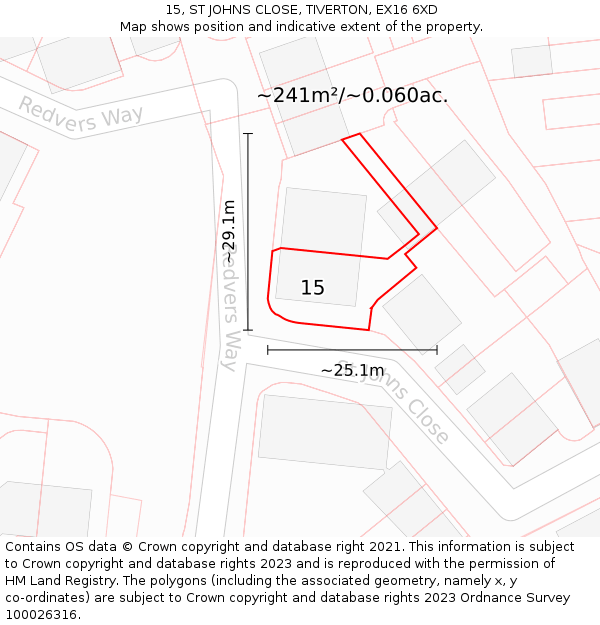 15, ST JOHNS CLOSE, TIVERTON, EX16 6XD: Plot and title map