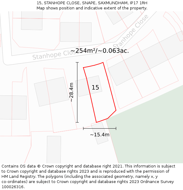 15, STANHOPE CLOSE, SNAPE, SAXMUNDHAM, IP17 1RH: Plot and title map