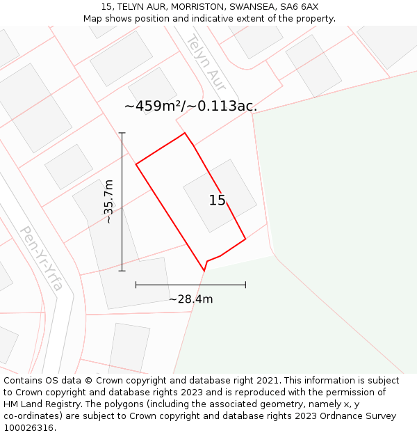 15, TELYN AUR, MORRISTON, SWANSEA, SA6 6AX: Plot and title map