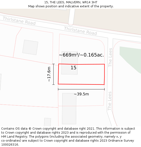 15, THE LEES, MALVERN, WR14 3HT: Plot and title map