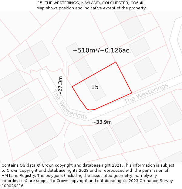 15, THE WESTERINGS, NAYLAND, COLCHESTER, CO6 4LJ: Plot and title map