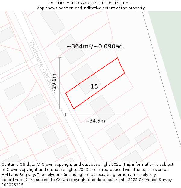 15, THIRLMERE GARDENS, LEEDS, LS11 8HL: Plot and title map