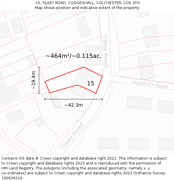 15, TILKEY ROAD, COGGESHALL, COLCHESTER, CO6 1PG: Plot and title map
