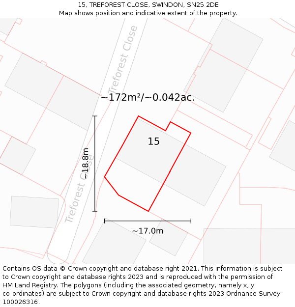 15, TREFOREST CLOSE, SWINDON, SN25 2DE: Plot and title map