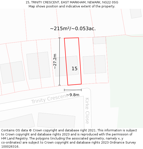 15, TRINITY CRESCENT, EAST MARKHAM, NEWARK, NG22 0SG: Plot and title map