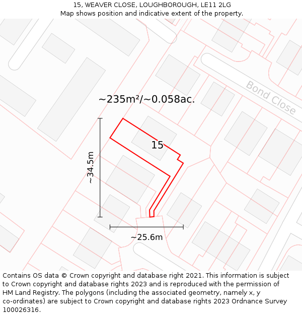 15, WEAVER CLOSE, LOUGHBOROUGH, LE11 2LG: Plot and title map