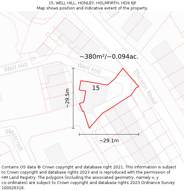 15, WELL HILL, HONLEY, HOLMFIRTH, HD9 6JF: Plot and title map