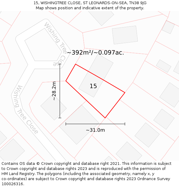 15, WISHINGTREE CLOSE, ST LEONARDS-ON-SEA, TN38 9JG: Plot and title map