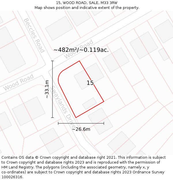 15, WOOD ROAD, SALE, M33 3RW: Plot and title map