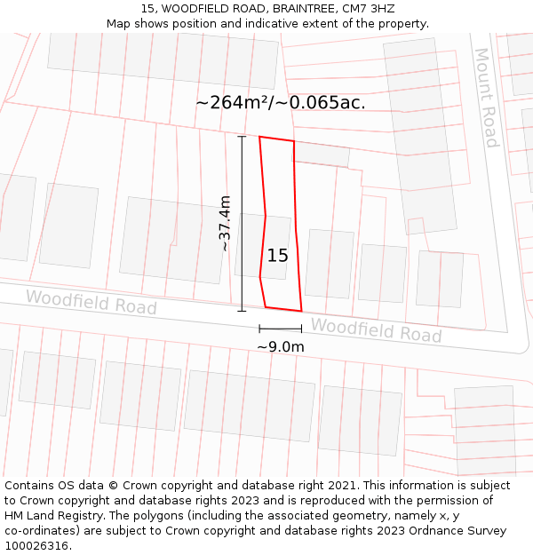 15, WOODFIELD ROAD, BRAINTREE, CM7 3HZ: Plot and title map