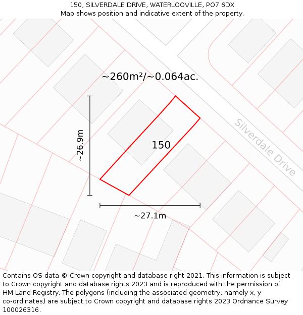 150, SILVERDALE DRIVE, WATERLOOVILLE, PO7 6DX: Plot and title map