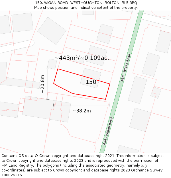 150, WIGAN ROAD, WESTHOUGHTON, BOLTON, BL5 3RQ: Plot and title map