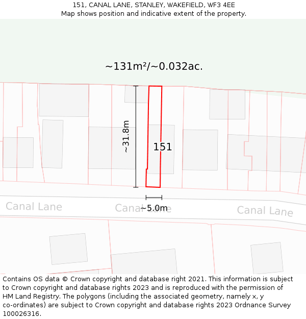 151, CANAL LANE, STANLEY, WAKEFIELD, WF3 4EE: Plot and title map