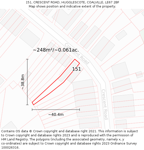 151, CRESCENT ROAD, HUGGLESCOTE, COALVILLE, LE67 2BF: Plot and title map