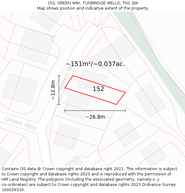 152, GREEN WAY, TUNBRIDGE WELLS, TN2 3JW: Plot and title map