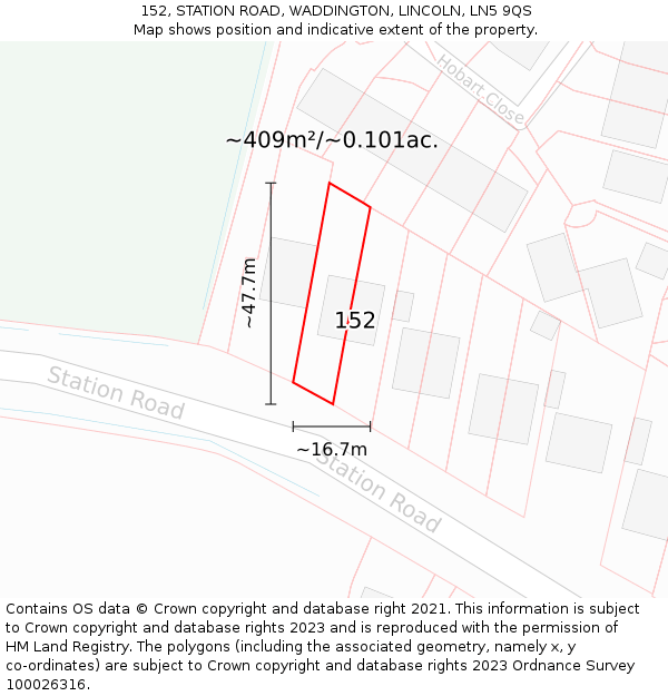 152, STATION ROAD, WADDINGTON, LINCOLN, LN5 9QS: Plot and title map